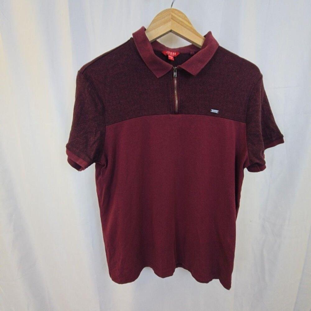 Guess Polo Shirt Mens Medium Red Herringbone 1/4 Zip Short Sleeve Knit Casual